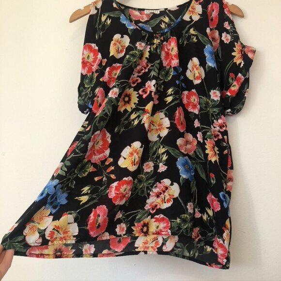 SPENSE Black Red Green Multi Floral Short Sleeve Cold Shoulder Blouse Top Small - Picture 6 of 8